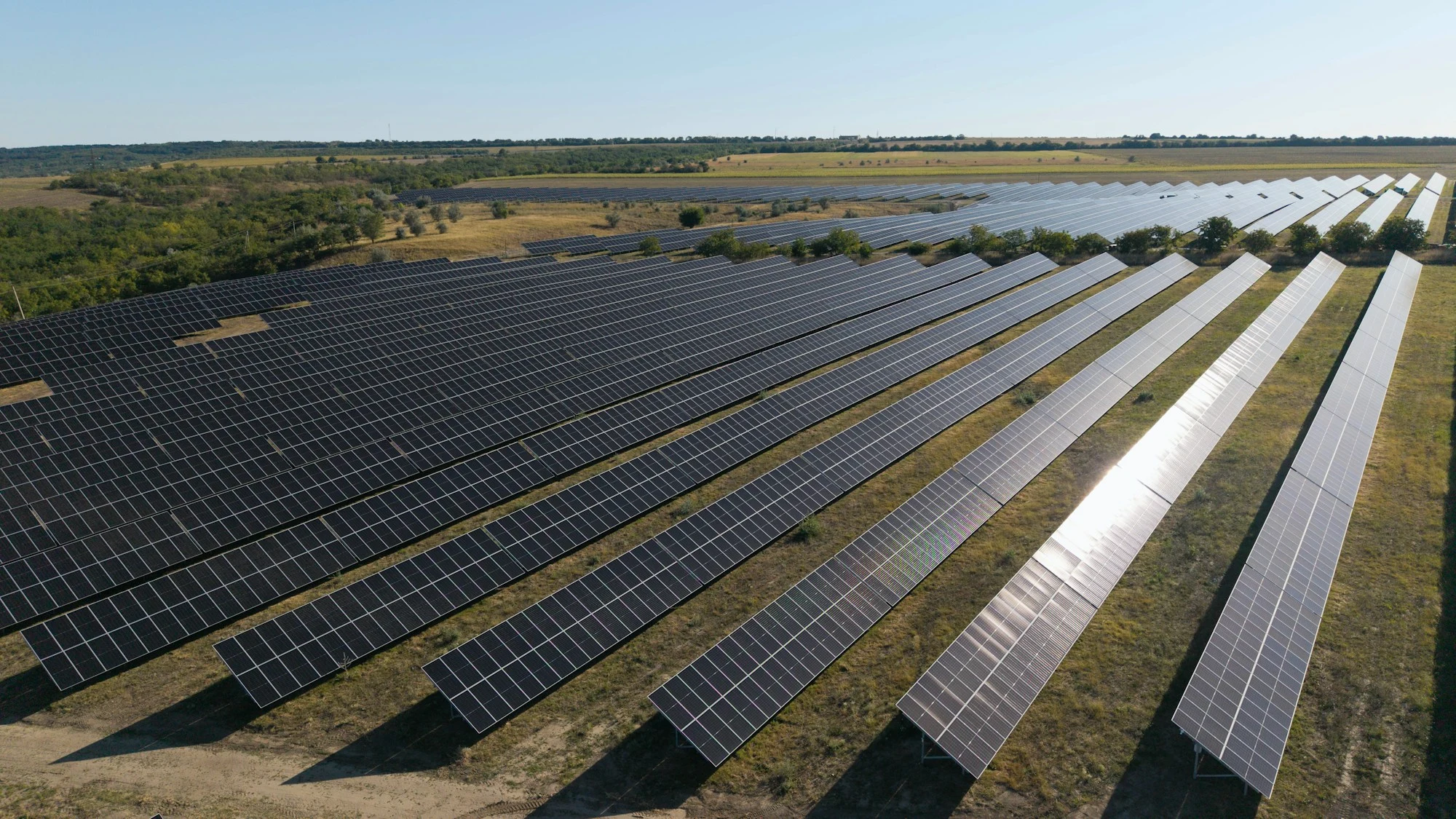 Rows of solar panels at a solar power installation
